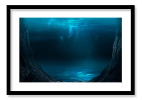 Dark sea bottom, underwater cave, water.