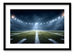 Bright stadium lights shine down on an American football field marked with white lines during a nighttime event
