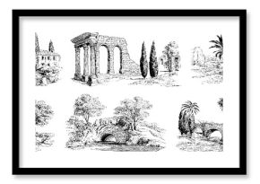 Vintage hand drawn engravings of ancient landscapes and architecture for retro design projects