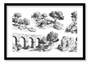 Vintage roman scenery sketches: hand drawn engravings of landscapes and ruins