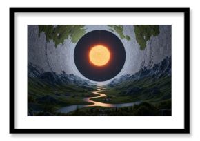 Inner Dyson Sphere Vista - A serene landscape unfolds within a colossal Dyson sphere, its sun a radiant orb at the distant end of a winding river.