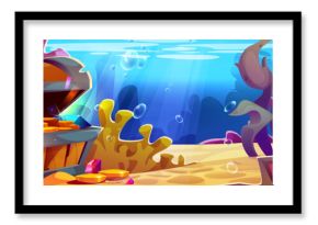 Cartoon underwater treasure scene - open chest with gold coins on seabed surrounded by colorful coral reefs and seaweeds. Ocean floor with bubbles rising through blue water for adventure game bg.