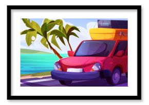 Red car with luggage on coastal road near blue sea - cartoon trip scene with palm trees, winding highway and beach landscape. Summer vacation travel illustration for adventure games, tourism apps.