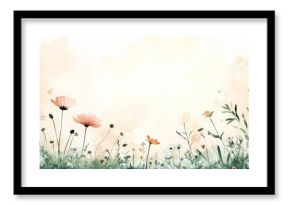 Beige Toned Watercolor Painting of a Subtle Minimalist Meadow at Dawn, Nature Art in Soft Pastels