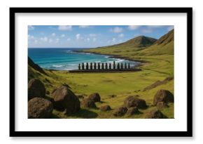 View of Moai Statues at Ahu Tongariki from Rano Raraku Volcano