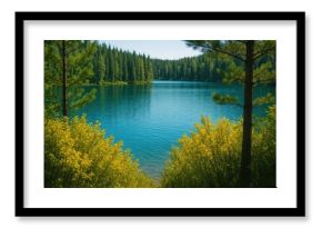 A view of a forest lake's blue waters seen through dense bushes