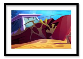 Cartoon underwater shipwreck scene - sunken boat on sandy seabed with tropical vibrant coral formations and weeds. Ocean depth with bubbles, colorful marine plants for adventure game environments.