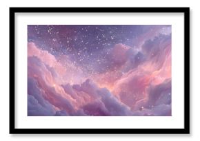Pink unicorn sky with stars. Cute purple pastel background. Fantasy dreaming galaxy and magic wavy space with fairy light