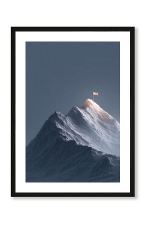 Reaching the summit. Conceptual image of a mountain peak with a flag, representing achievement, success, ambition, and overcoming challenges. Moody, symbolic, and inspiring.