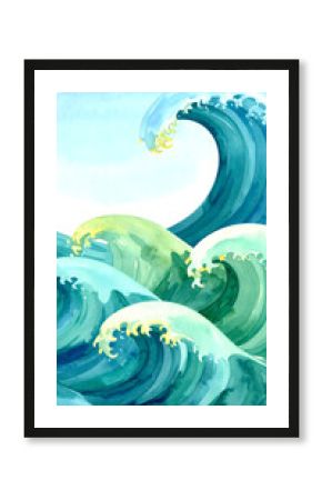 Dynamic blue and green ocean waves crest with white foam under a clear sky, rendered in a soothing watercolor style