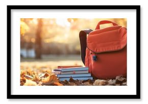 Orange backpack and stack of books sit on a bed of fallen autumn leaves beneath a tree at sunset, creating a serene back to school scene