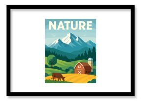 A set of flat vector illustrations for a poster, label, or cover, featuring nature and landscape themes, specifically for summer in Europe, incorporating typography design
