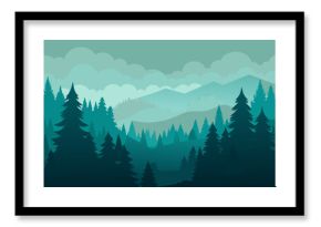 Misty Forest Scene with Tall Pine Trees View