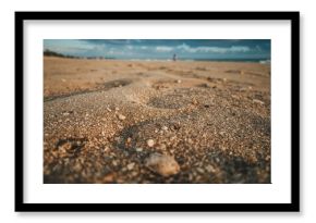 Up-close examination of beach sand texture from a low angle with a distant background