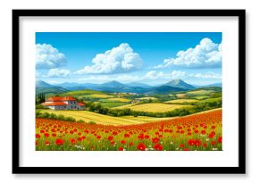 A serene European countryside panorama showcasing a vibrant red poppy field, rolling green hills, a charming farmhouse, and distant blue mountains under a bright summer sky, suitable for tranquil wal