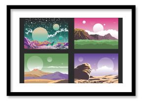 Space Landscape Illustrations. Extraterrestrial Panorama, Alien Planets, Mountains and Stars. 1980s, 1990s Color Style Vector Templates for Space Posters, Illustrations, Covers