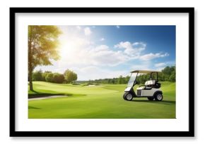 Golf cart is waiting for golfers on a green golf course on a sunny day