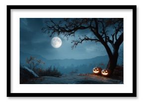 Hauntingly beautiful Halloween nighttime setting with glowing Jack-o'-lanterns under a full moon in a misty landscape