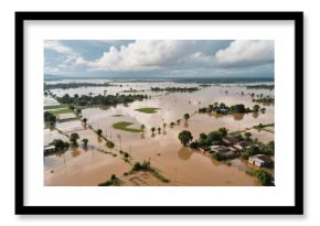 Aerial view of massive flood disaster submerging rural fields, houses and farmlands under muddy water after heavy monsoon rain