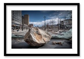 Aftermath of disaster: rock on car dashboard and broken windshield, buildings in background. The image evokes chaos and destruction.