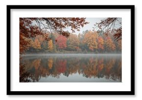 Rainy day by a colorful lakeside in fall
