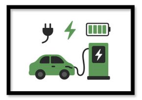 Electric vehicle charging station with car, power symbols, and battery graphic
