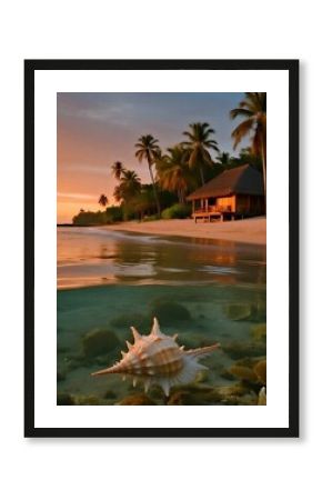 Sunset Beach with Seashells and Calm Waters