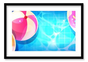 Pool party scene top view with inflatable rings, beach ball and turquoise water. Bright summer floaties with sun reflections on tiled bottom. Vacation atmosphere for resort or waterpark illustration