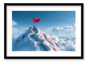 The mountain peak topped with a red flag above clouds at sunrise
