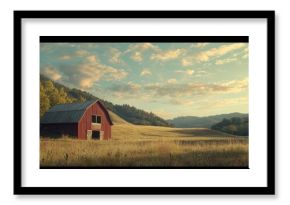 Rustic red barn stands in a golden field under a vibrant sky at dusk near rolling hills surrounded by trees
