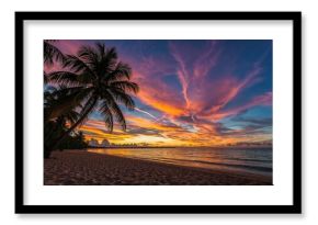 Serene coastal scene featuring a colorful sky, calm ocean, and palm-lined horizon