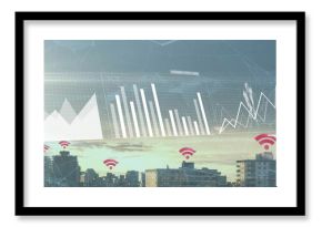 Smart city skyline showing network data at dusk, with chart overlays and red Wi-Fi icons