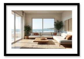 Coastal beach house living room interior features spacious sectional sofa with neutral tones, accent pillows. Large wooden coffee table sits on textured rug, light wood floors. Expansive windows