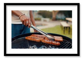 Hands, person and bbq food on grill for meal prep, grilled sausage and cooking for social gathering. Man, tongs and barbecue meat on heat for lunch, cookout event and party reunion in house backyard