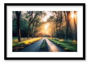 Blurred depiction of a roadway weaving through forested area illuminated by bursts of light