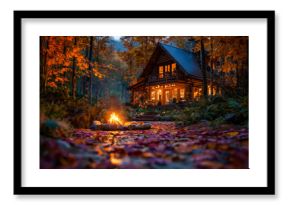 Cozy autumn cabin with illuminated porch and a campfire in a vibrant forest setting