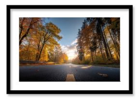 Scenic Autumn Road with Golden Light, Vibrant Foliage, and a Path Through the Forest