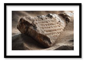 Ancient stone tablet with carved inscriptions resting in sand. Evokes history, knowledge, discovery. Ideal for themes of archaeology, past civilizations, or religion.