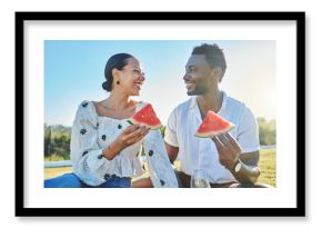 Watermelon, love or black couple on a picnic to relax on a summer holiday vacation in nature or grass. Partnership, romance or happy black woman enjoys traveling or bonding with a funny black man