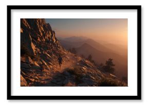 A person runs along a rock trail at sunset, with golen light illuminating the ath and mountains in the bckground.