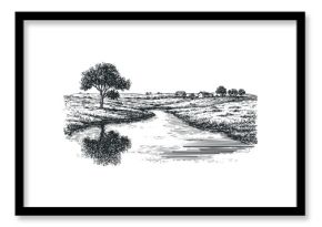 Hand-drawn rural landscape with winding river and farmhouse on horizon. Vector hand drawn illustration