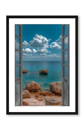 Vibrant View of Calm Ocean Through Open Window in Coastal Setting on a Sunny Day.