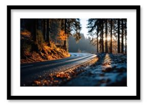 A serene winding road through a forest, illuminated by the warm glow of sunlight, surrounded by autumn foliage and a hint of snow.