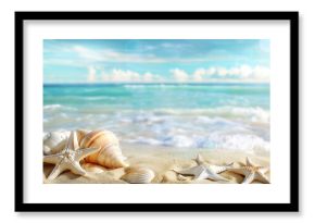 starfish and seashell on the summer beach in sea water.