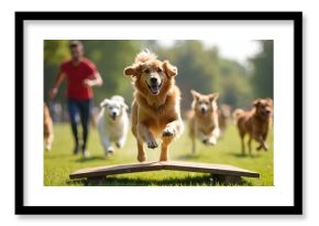 Pro dog trainer leads energetic group of dogs through outdoor agility course. Dogs jump over obstacles showing enthusiasm, skill. Focus on canine fitness, training, happy pets enjoying activity.