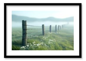a barbed wire fence stretcing across a grassy field ith a blurred background, arm Fence line, created wih generative ai