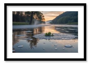 Dawn over a river with misty water vapor and picturesque mirror images