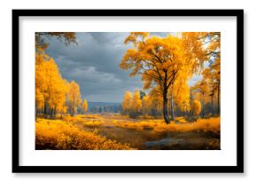 Picturesque autumn landscape with view of birch tree tops with yellow foliage gainst sky in cloudy autum day. Beautiful natural bakground, wonderful nature,seasons changing concept