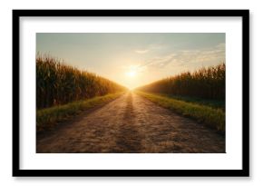Dirt road through a corn field at sunset. Rural farming landscape. Countryside agriculture backdrop for nature concept.