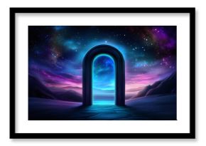 Mysterious glowing portal opening to another dimension in a desolate landscape under starry night sky